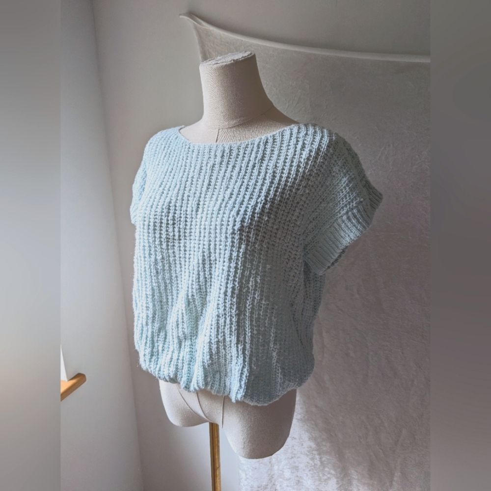 VTG Large Short Sleeve Elastic Puff Waist Crochet Ramie Cotton Sweater Pastel